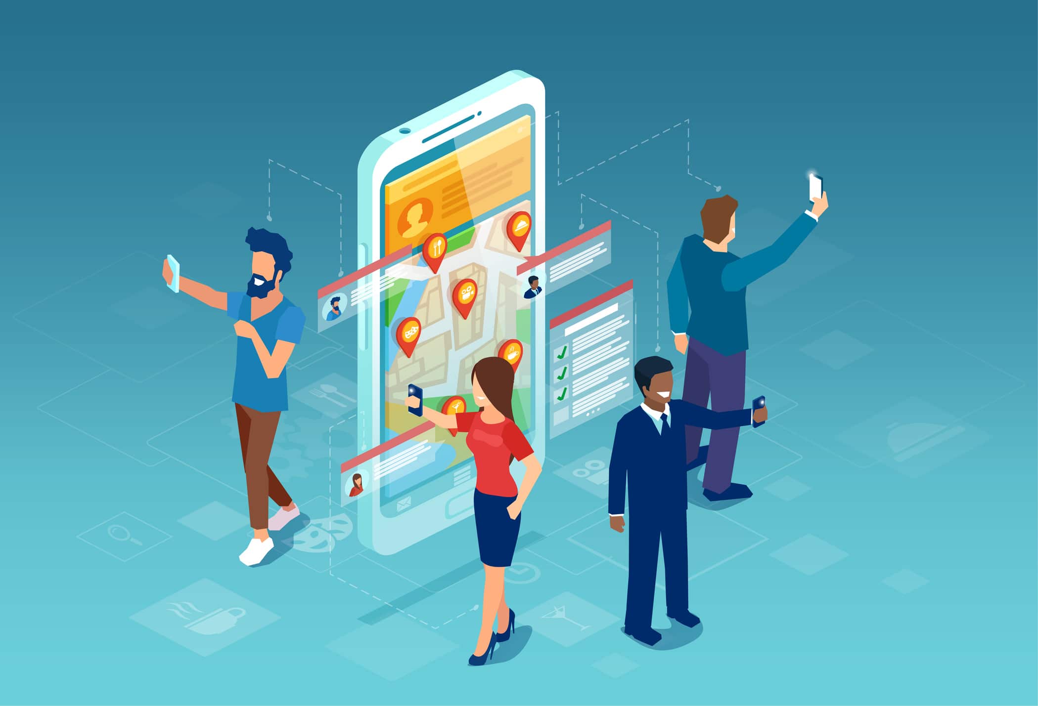 Vector of people online community members share location, check ins, having chat on smartphone app